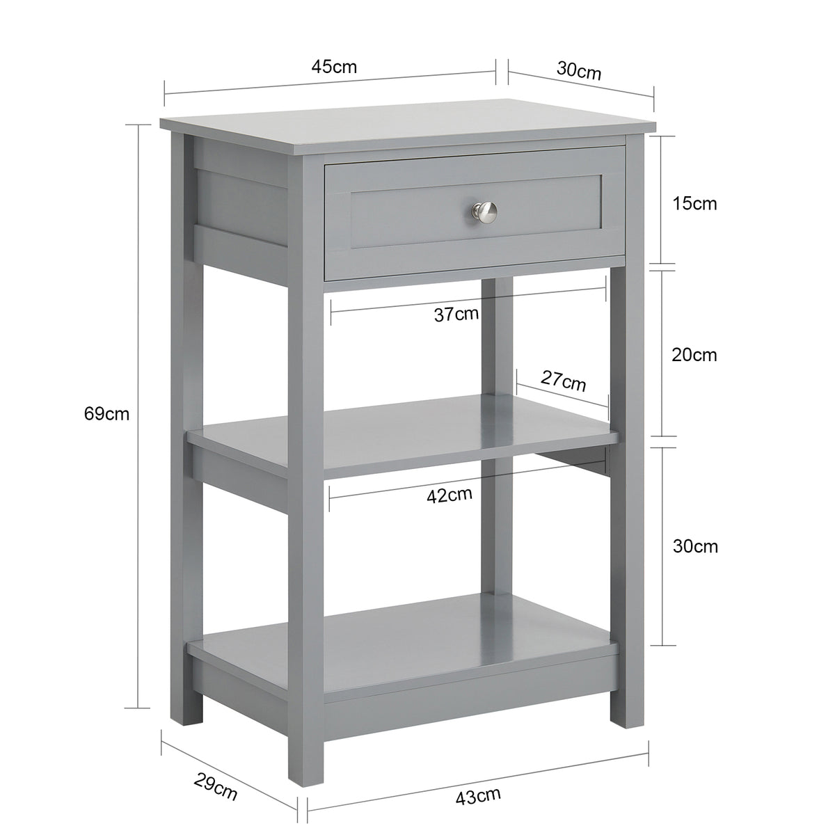 SoBuy FBT46-HG Noptieră cu 1 Sertar și 2 Rafturi, Masă Laterală Modernă, Gri, L45 x P30 x H68cm