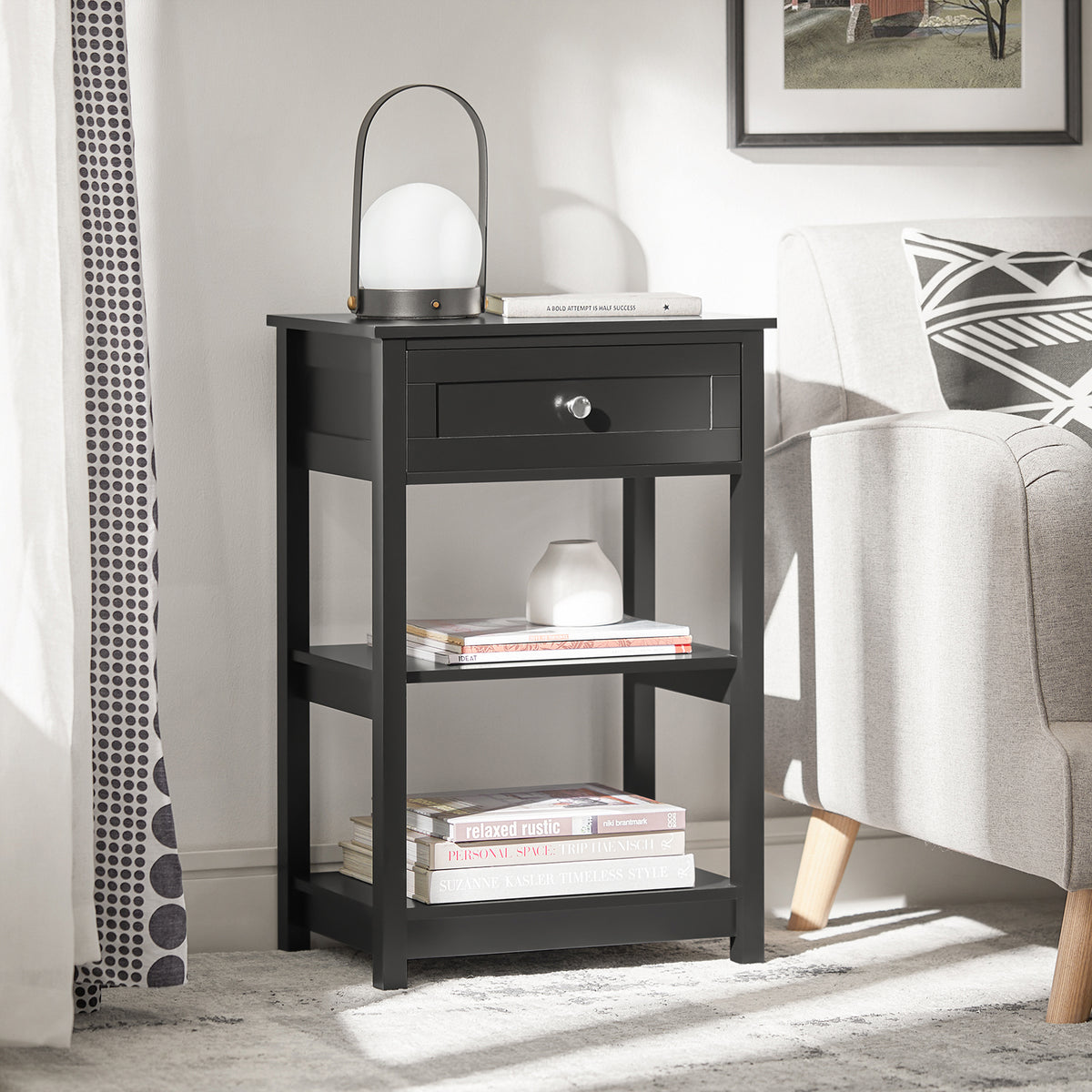 SoBuy FBT46-SCH Noptieră cu 1 Sertar și 2 Rafturi, Masă Laterală Modernă, Neagră, L45 x l30 x H68cm