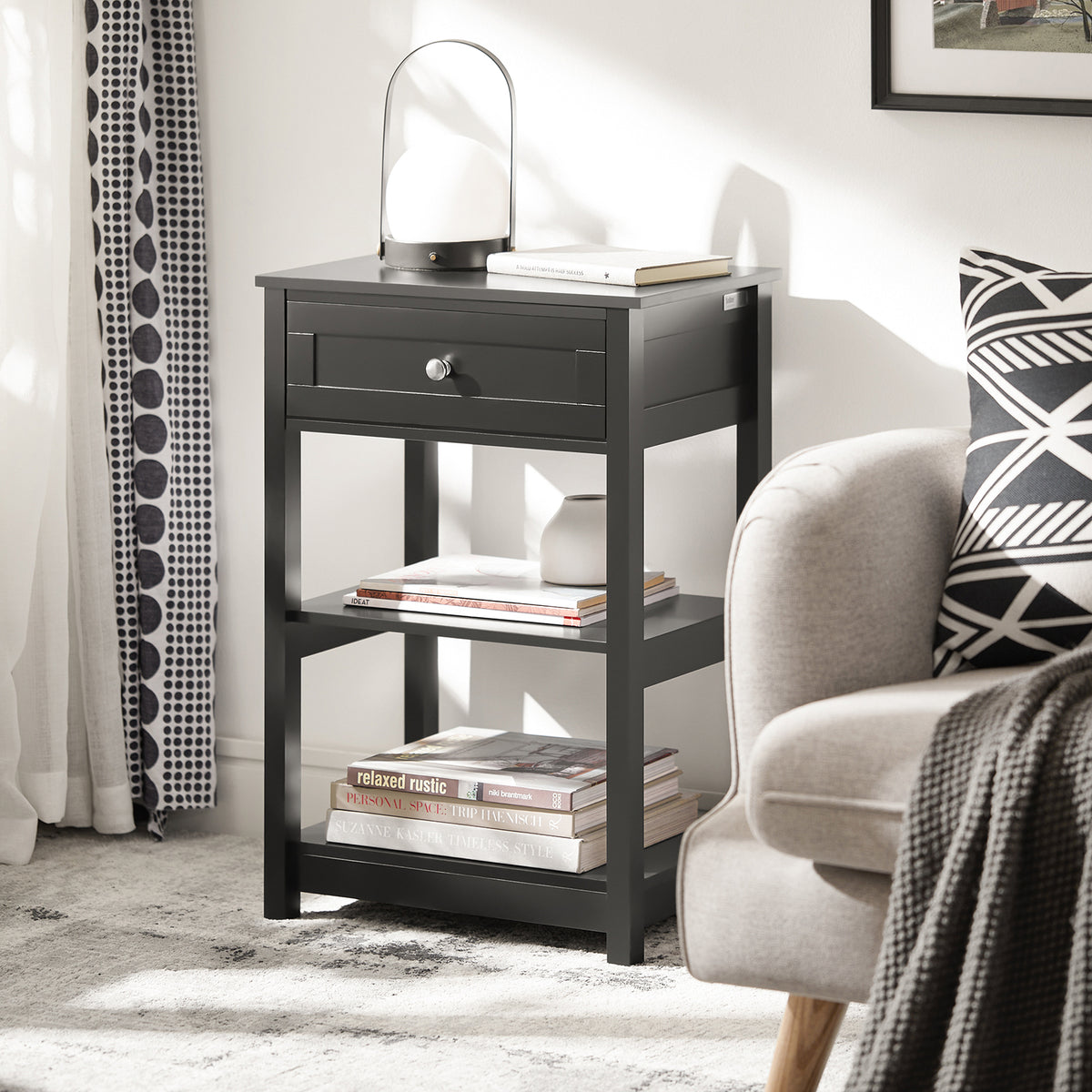 SoBuy FBT46-SCH Noptieră cu 1 Sertar și 2 Rafturi, Masă Laterală Modernă, Neagră, L45 x l30 x H68cm