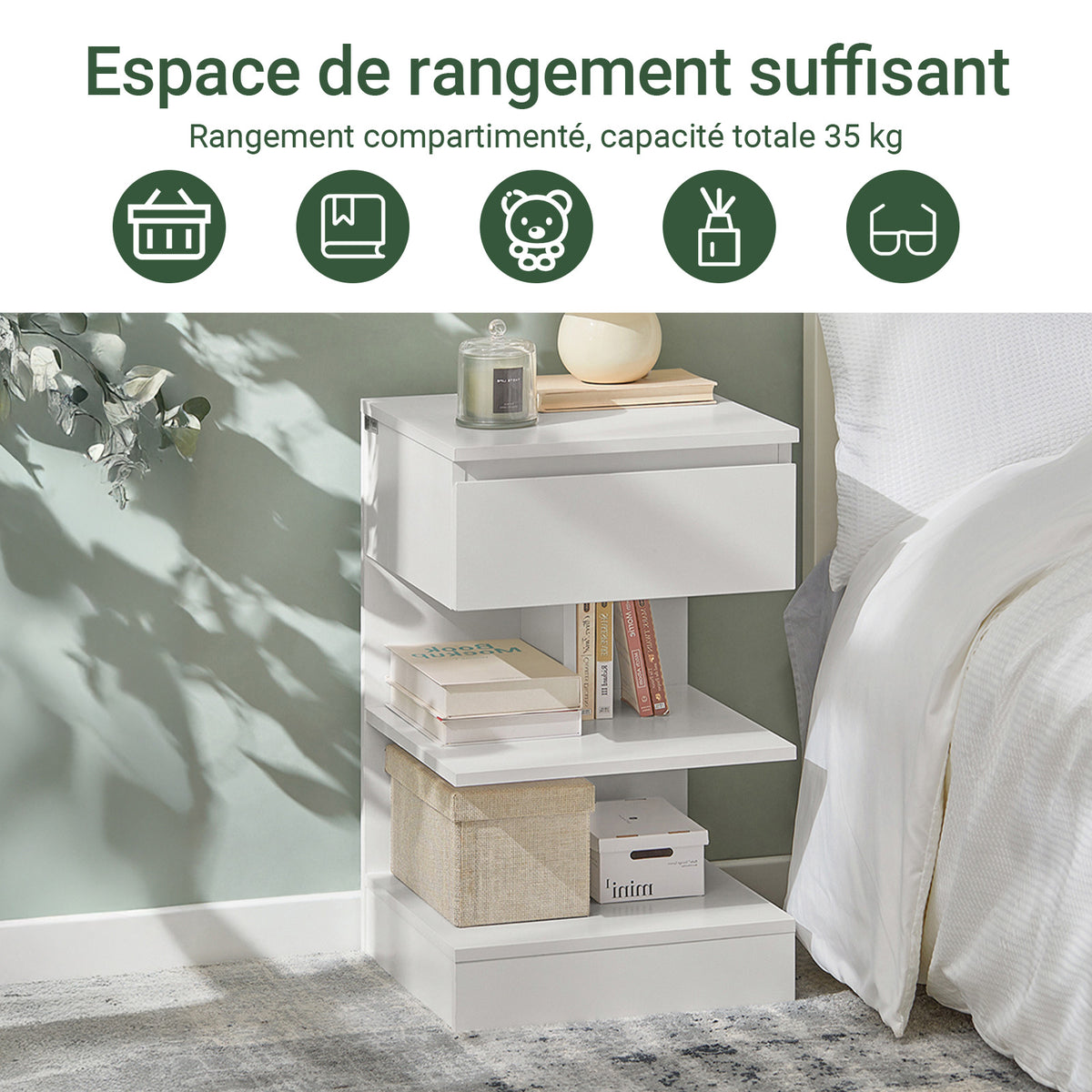 SoBuy FBT49-W Noptieră - Noptieră cu 1 sertar și 2 rafturi, Masă laterală pentru Dormitor - Mobilier de Depozitare Modern L39 x P39 x H65 cm Alb