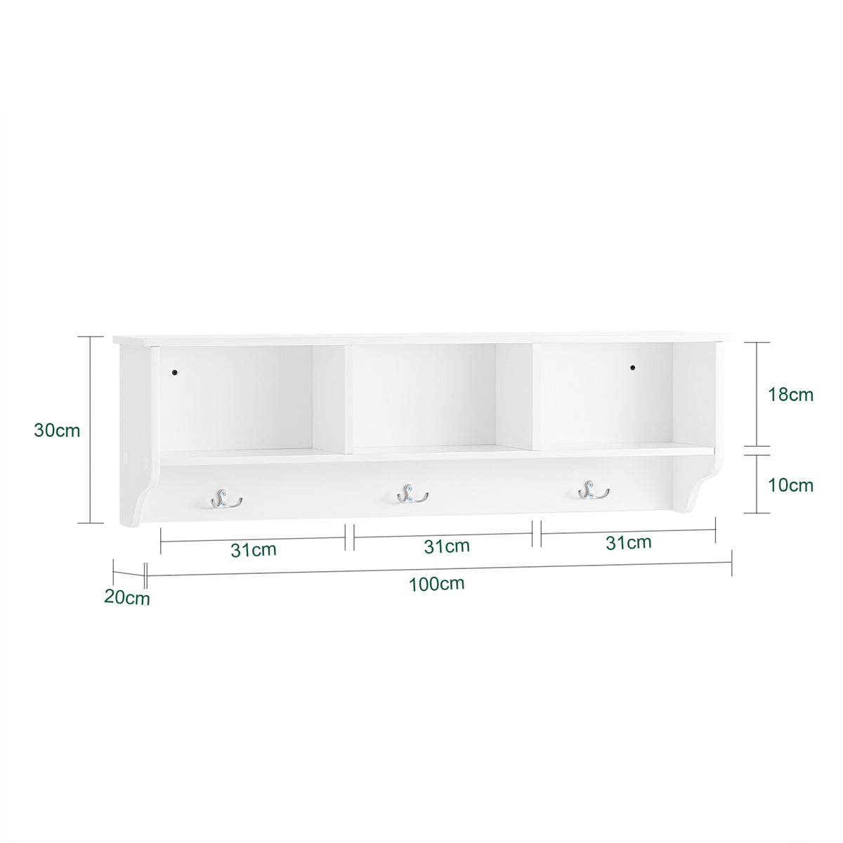 SoBuy FHK35-W Cuier de Perete, Etajeră de Depozitare, Mobilier de Hol cu 3 Compartimente și 3 Cârlige pentru Hol, Intrare, Living, Birou și Dormitor, Alb, L100xP20xH30 cm