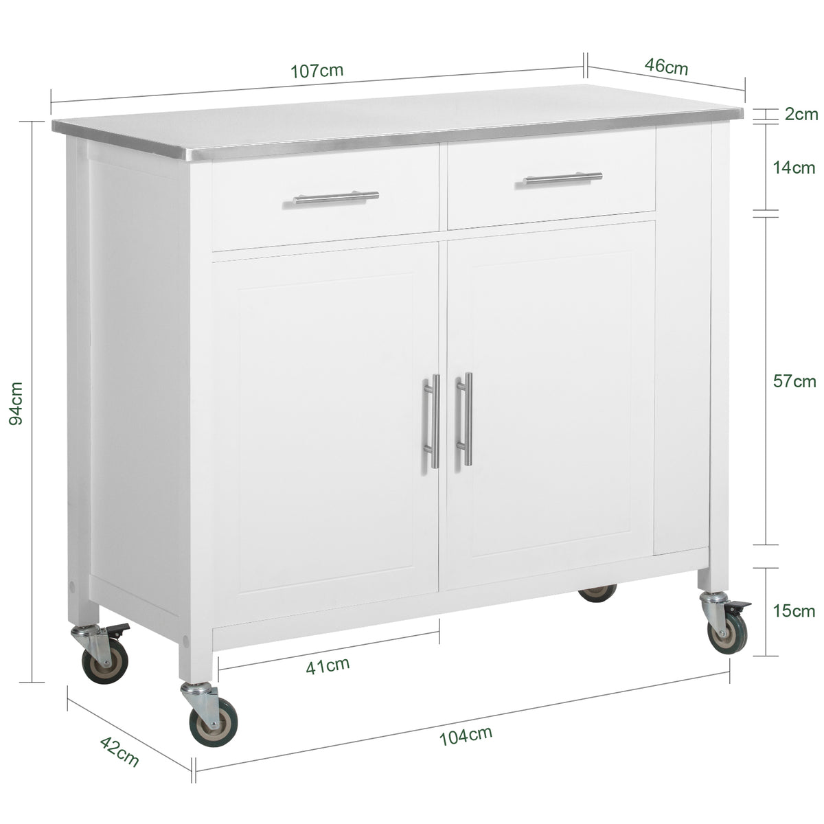 SoBuy FKW108-W Desserte Cuisine avec Plateau en Acier Inoxydable, Tiroirs et Roulettes, Usage Polyvalent, Mobile – L107×P46×H94 cm, Bois + Inox, Blanc