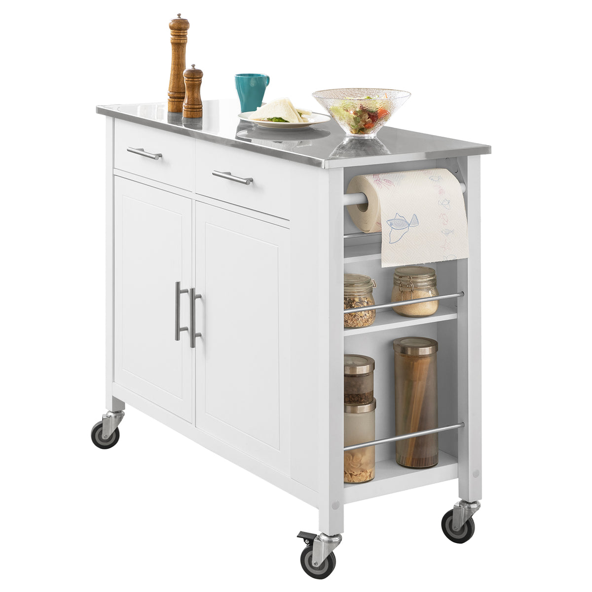 SoBuy FKW108-W Chariot de Cuisine Multifonctionnel avec Plateau en Acier Inoxydable - Tiroirs et Placard, Étagère Latérale, I
