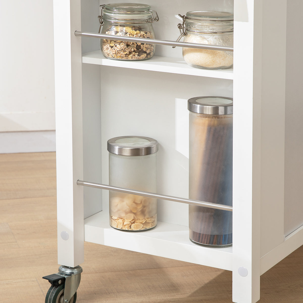 SoBuy FKW108-W Desserte Cuisine avec Plateau en Acier Inoxydable, Tiroirs et Roulettes, Usage Polyvalent, Mobile – L107×P46×H94 cm, Bois + Inox, Blanc
