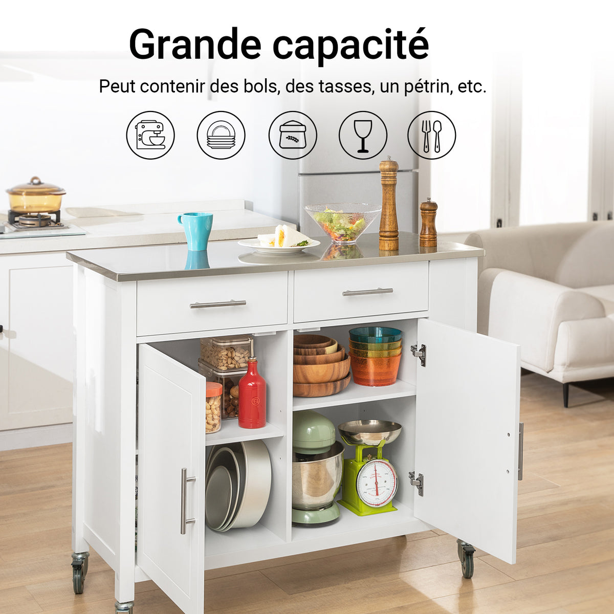 SoBuy FKW108-W Desserte Cuisine avec Plateau en Acier Inoxydable, Tiroirs et Roulettes, Usage Polyvalent, Mobile – L107×P46×H94 cm, Bois + Inox, Blanc