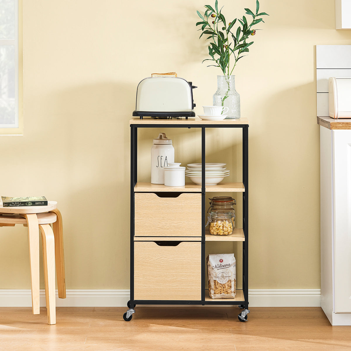 SoBuy FKW111-N Desserte de Cuisine avec 2 Tiroirs, 3 Étagères et 4 Roulettes 360° – L53×P37×H89 cm, PB et Acier, Noir et Naturel