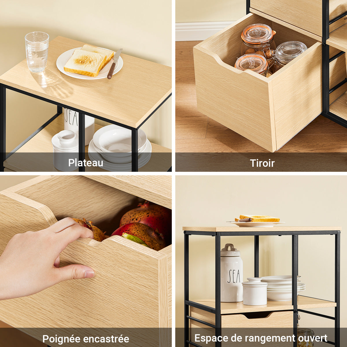 SoBuy FKW111-N Desserte de Cuisine avec 2 Tiroirs, 3 Étagères et 4 Roulettes 360° – L53×P37×H89 cm, PB et Acier, Noir et Naturel