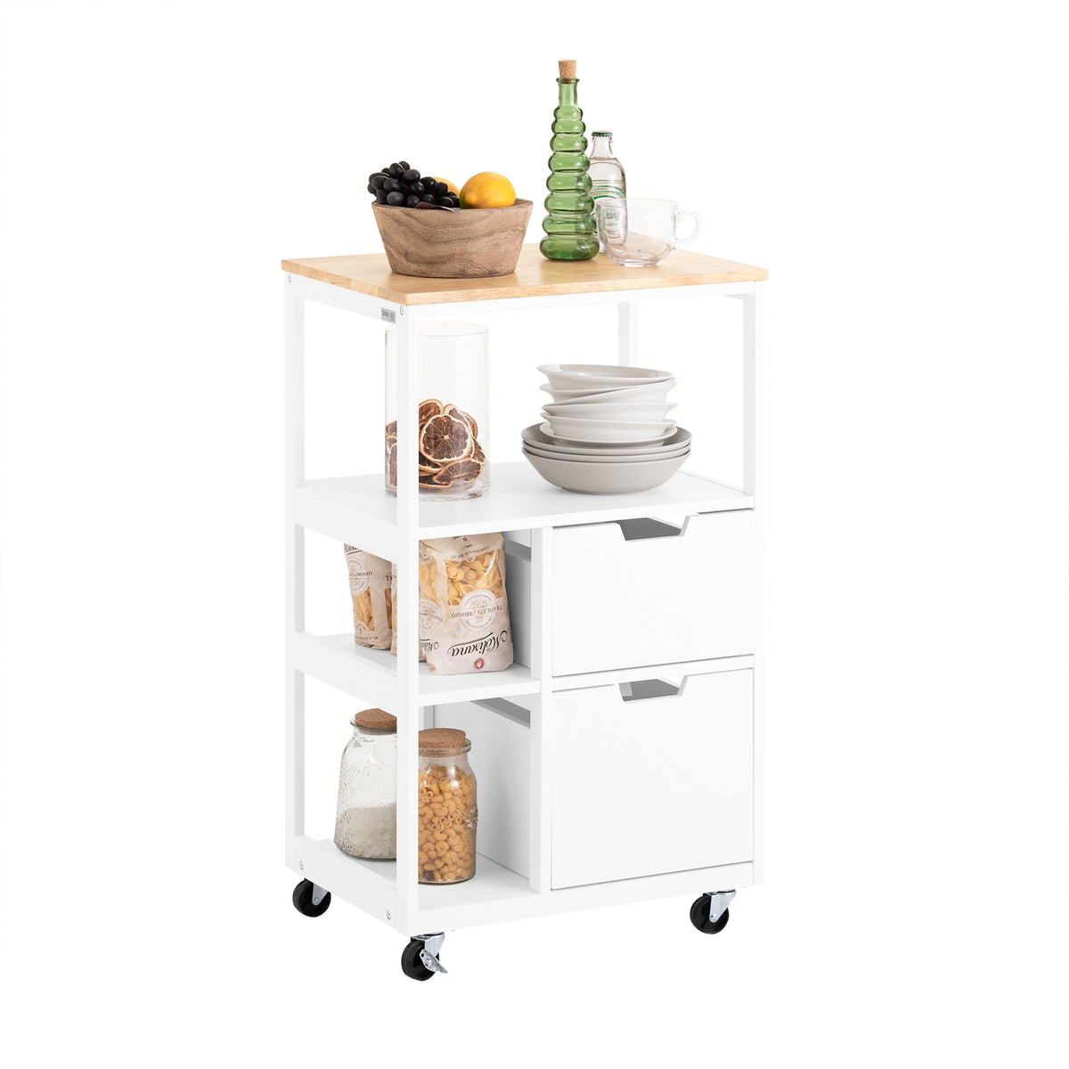 SoBuy FKW111-WN Desserte cuisine à roulettes 53 cm avec plan en bois, tiroir et étagères – Ìlot mobile gain de place blanc na