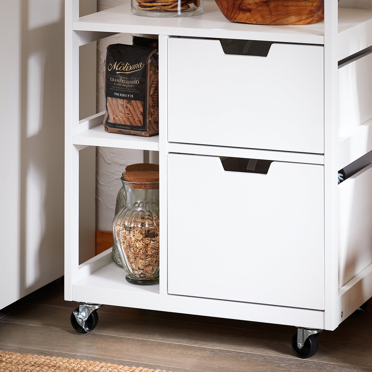 SoBuy FKW111-WN Desserte de Cuisine 53 × 37 × 89 cm, 2 Tiroirs, 3 Niches et Roulettes – Blanc et Bois Naturel