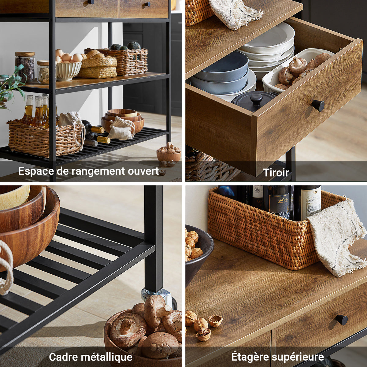 SoBuy FKW112-PF Desserte de Cuisine à Roulettes – Style Industriel, 2 Tiroirs, 2 Étagères, 60 kg, 100×45×93 cm