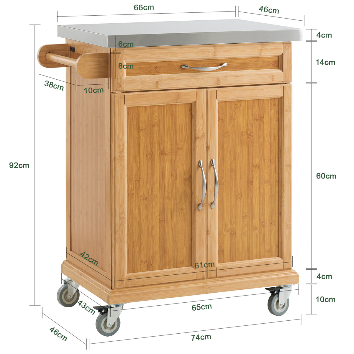 SoBuy FKW13-N Cărucior de Bucătărie pe Roți din Bambus cu Blat din Oțel Inoxidabil, 1 Sertar și 2 Uși, Cărucior de Servire – 66x46x92 cm, Natural