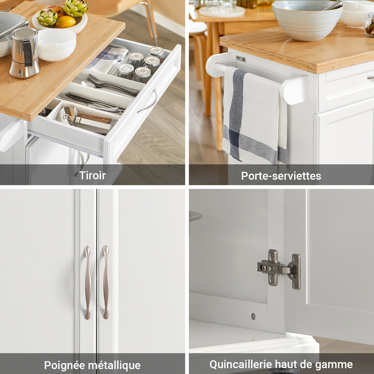 SoBuy FKW13-WN Cărucior de Bucătărie cu Roți, cu Blat din Bambus, 1 Sertar și 2 Uși, Cărucior de Servire pentru Bucătărie sau Restaurant – 66x45x91 cm, Alb și Natural