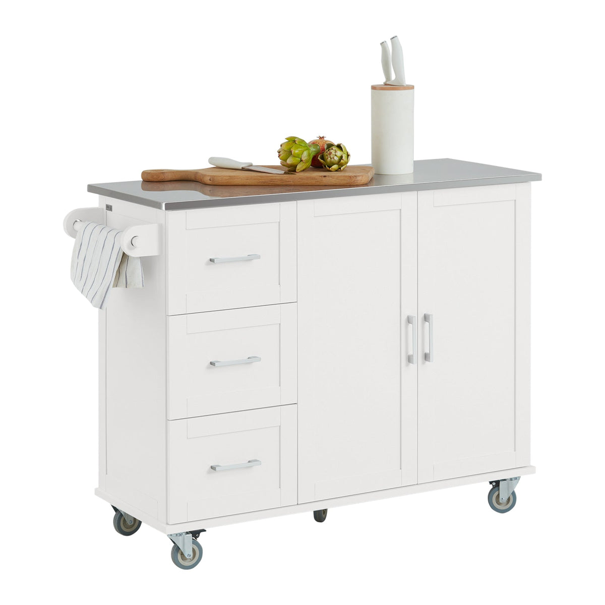 SoBuy FKW30-II-W Desserte sur roulettes, Meuble Chariot de Cuisine de Service Roulant avec 3 tiroir et 1 Grande Armoire de Ra