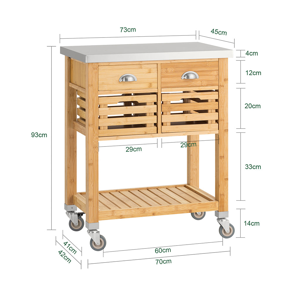 SoBuy FKW40-N Cărucior de bucătărie pe roți din bambus cu blat din INOX, 2 sertare și 2 coșuri, Insulă Centrală Compactă – 73x46x93 cm, Natural