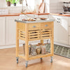 SoBuy FKW40-N Desserte de Cuisine à Roulettes en Bambou avec Plan de Travail INOX, 2 Tiroirs et 2 Paniers, Îlon Central Compact – 73x46x93 cm, Naturel
