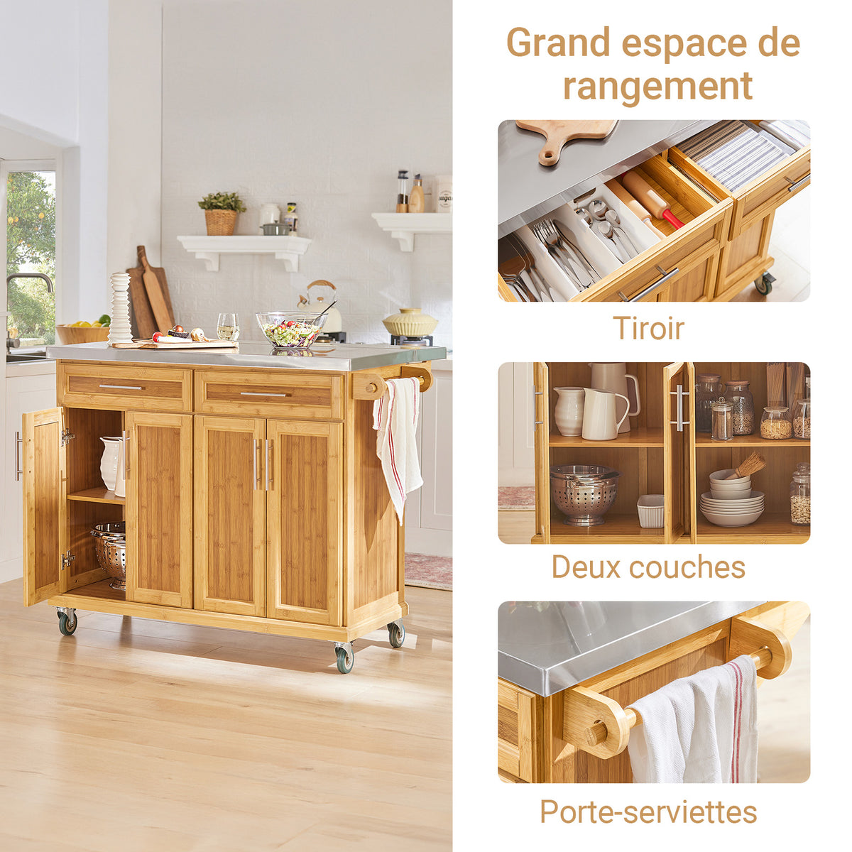 SoBuy FKW69-N Cărucior de Bucătărie cu Roți, Blat Extensibil din Inox 46→71cm, 2 Sertare și Rafturi Reglabile, Sarcină 100 kg – 115x46x92 cm, Natural