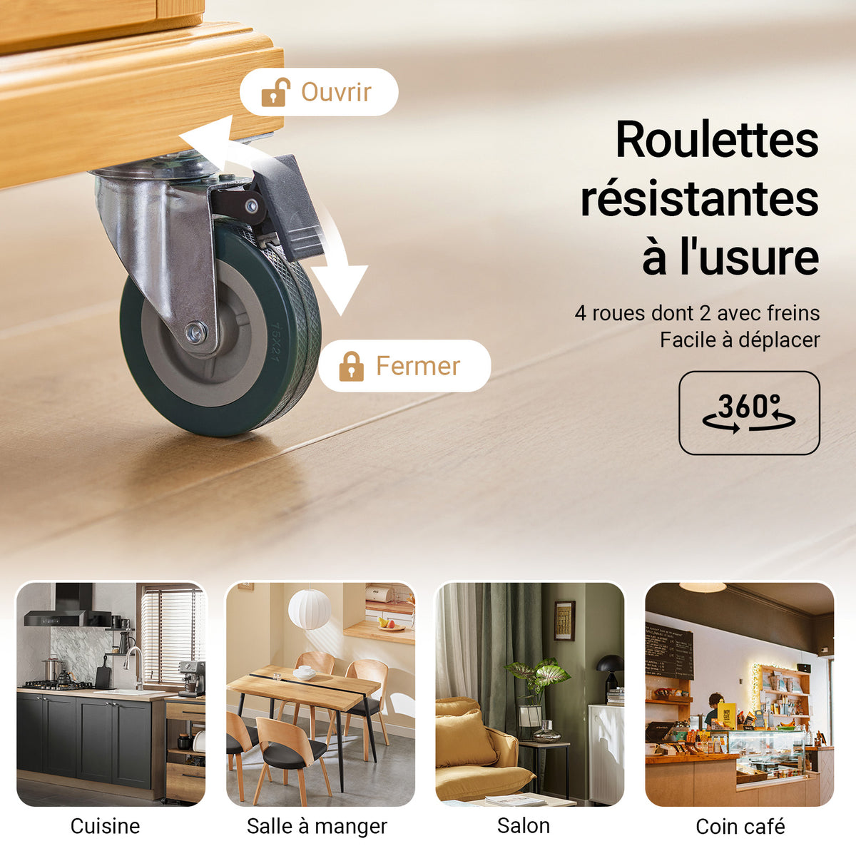 SoBuy FKW69-N Cărucior de Bucătărie cu Roți, Blat Extensibil din Inox 46→71cm, 2 Sertare și Rafturi Reglabile, Sarcină 100 kg – 115x46x92 cm, Natural