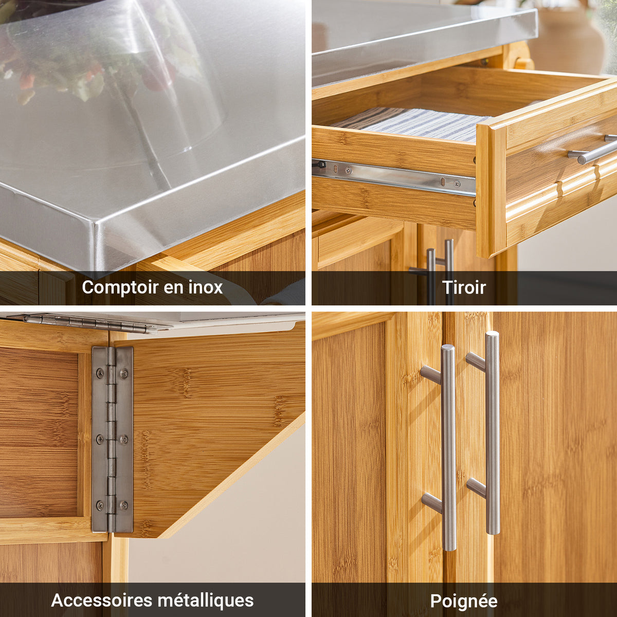 SoBuy FKW69-N Cărucior de Bucătărie cu Roți, Blat Extensibil din Inox 46→71cm, 2 Sertare și Rafturi Reglabile, Sarcină 100 kg – 115x46x92 cm, Natural