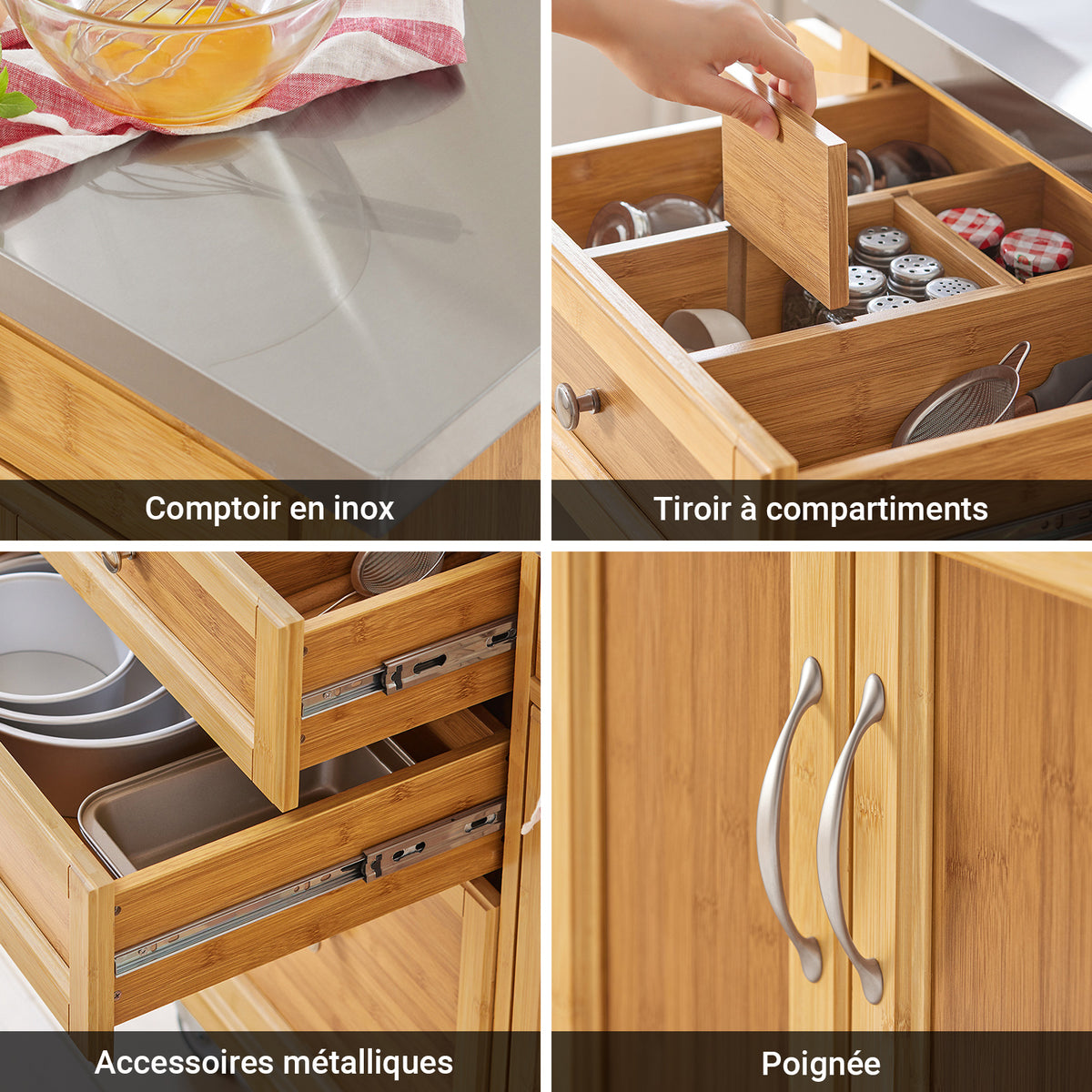 SoBuy FKW70-N Insulă de Bucătărie pe Roți, Blat de Lucru din INOX, 4 Sertare, Cărucior Mobil cu Spații de Depozitare – 115x46x92cm, Natur