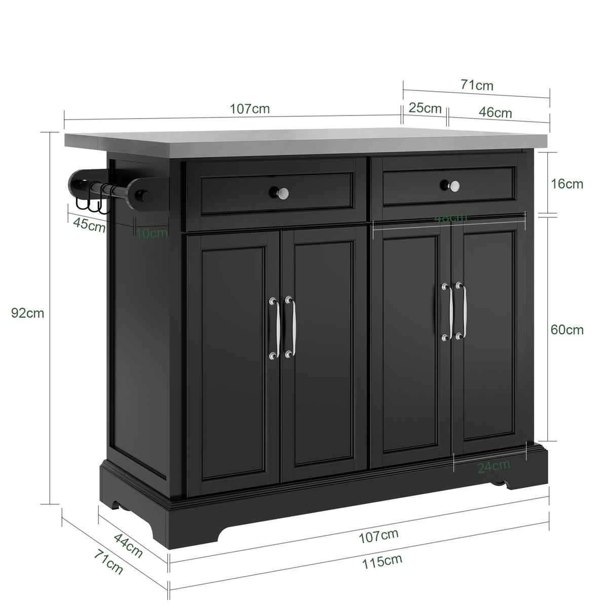 SoBuy FKW71-II-SCH Insulă de Bucătărie pe Roți, Blat Extensibil 46→71cm, 2 Sertare, Polițe Ajustabile, Suportă 100kg – 115x46x92cm, Negru