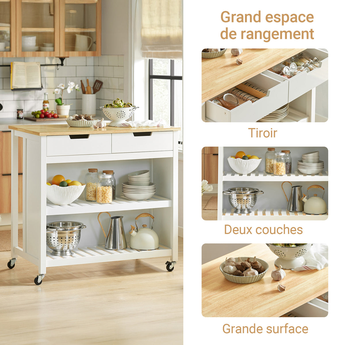 SoBuy FKW74-WN Cărucior de bucătărie cu roți, cu blat de lucru, 2 sertare și 2 rafturi, suport pentru cuptorul cu microunde, sarcină 60 kg – 100x60x94 cm, Alb și Natur