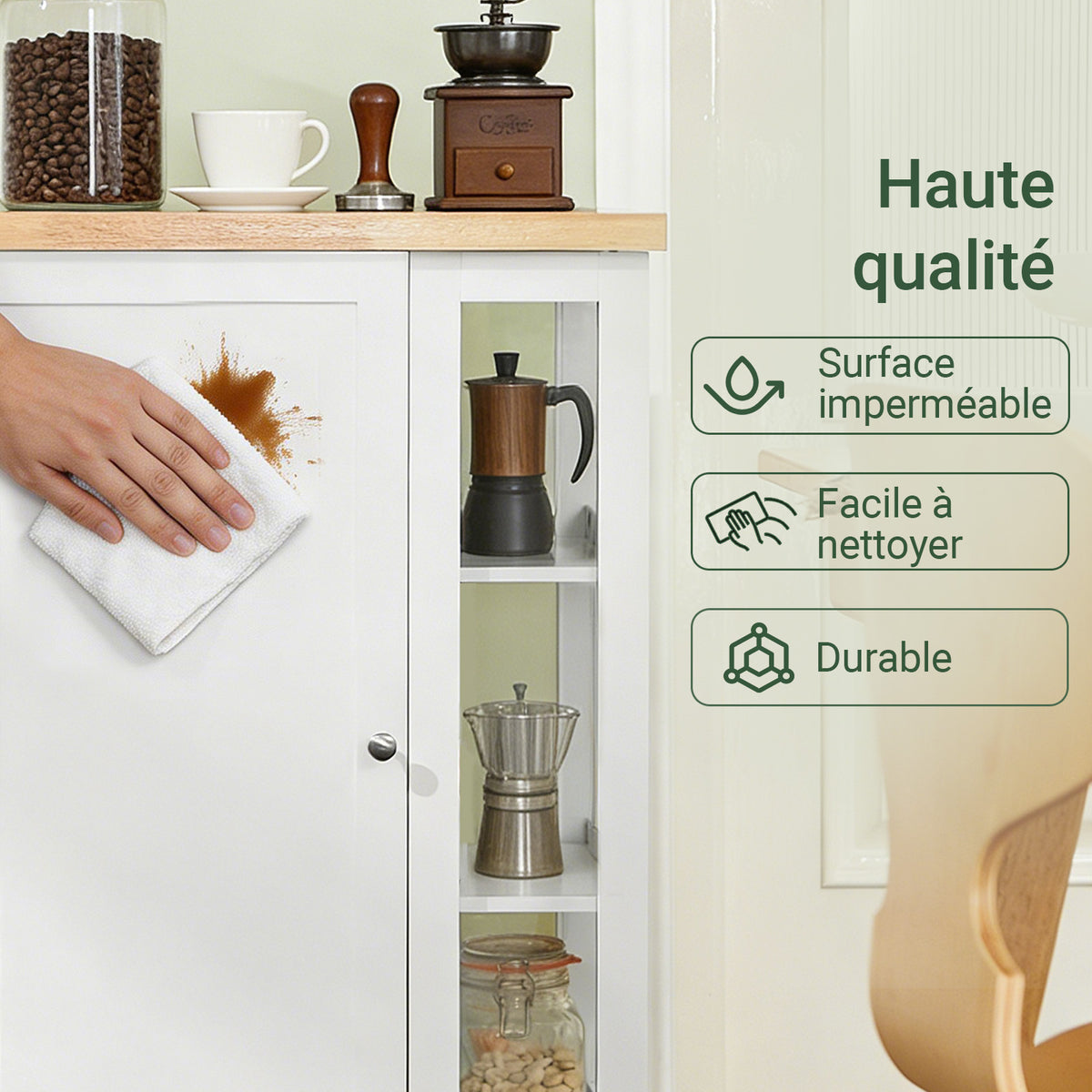 SoBuy FKW75-WN Cărucior de Bucătărie cu Roți și Raft Lateral – Dulap de Bucătărie Alb cu O Singură Ușă – Cărucior de Servire pentru Depozitare în Bucătărie și Blat de Lucru Compact, 60x92x45cm