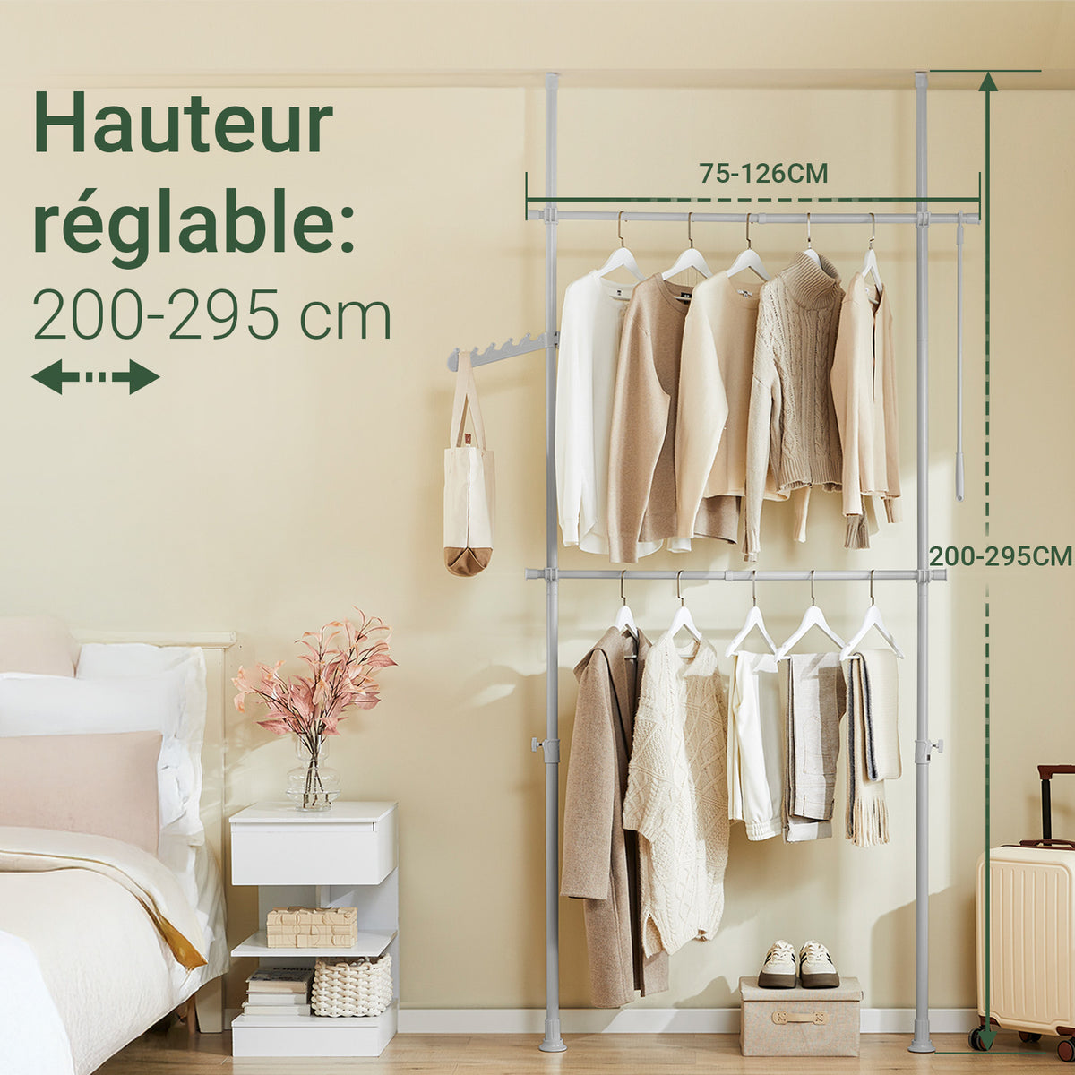 SoBuy FRG109-II-HG Bară Telescopică pentru Haine, Suport Haine Robust, Dulap Deschis Reglabil cu Bară de Suspendare pentru Dormitor, Dressing, Gri