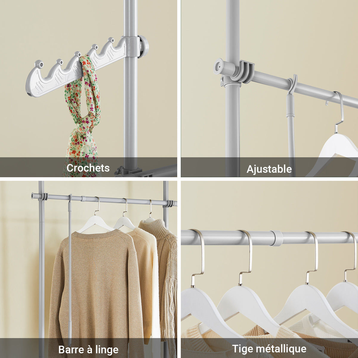 SoBuy FRG109-II-HG Tringle à Vêtements Télescopique, Portant à Vêtements Robuste, Penderie Ouverte Réglable avec Barres de Suspension pour Chambre, Dressing, Gris