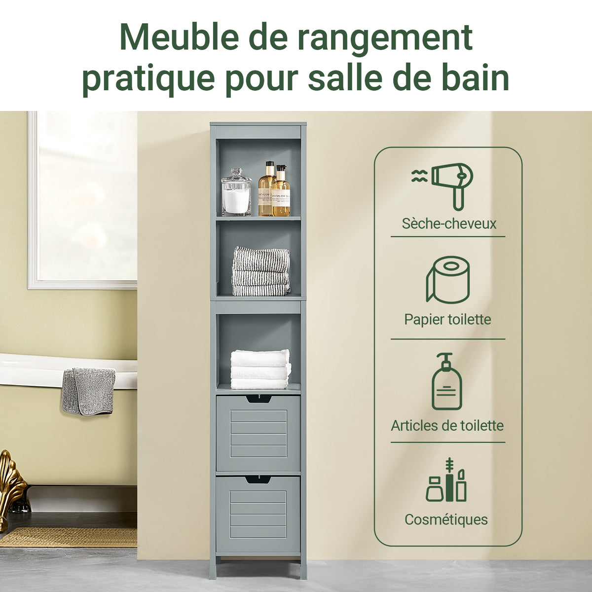SoBuy FRG126-SG Dulap coloană de baie, cu 4 rafturi și 2 sertare modulare, din lemn, anti-răsturnare, economisește spațiu pentru WC și toaletă 30x30x140