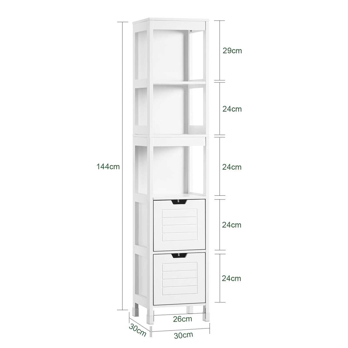 SoBuy FRG126-W Dulap înalt de baie cu 4 rafturi și 2 sertare 30x30x144 cm, Alb