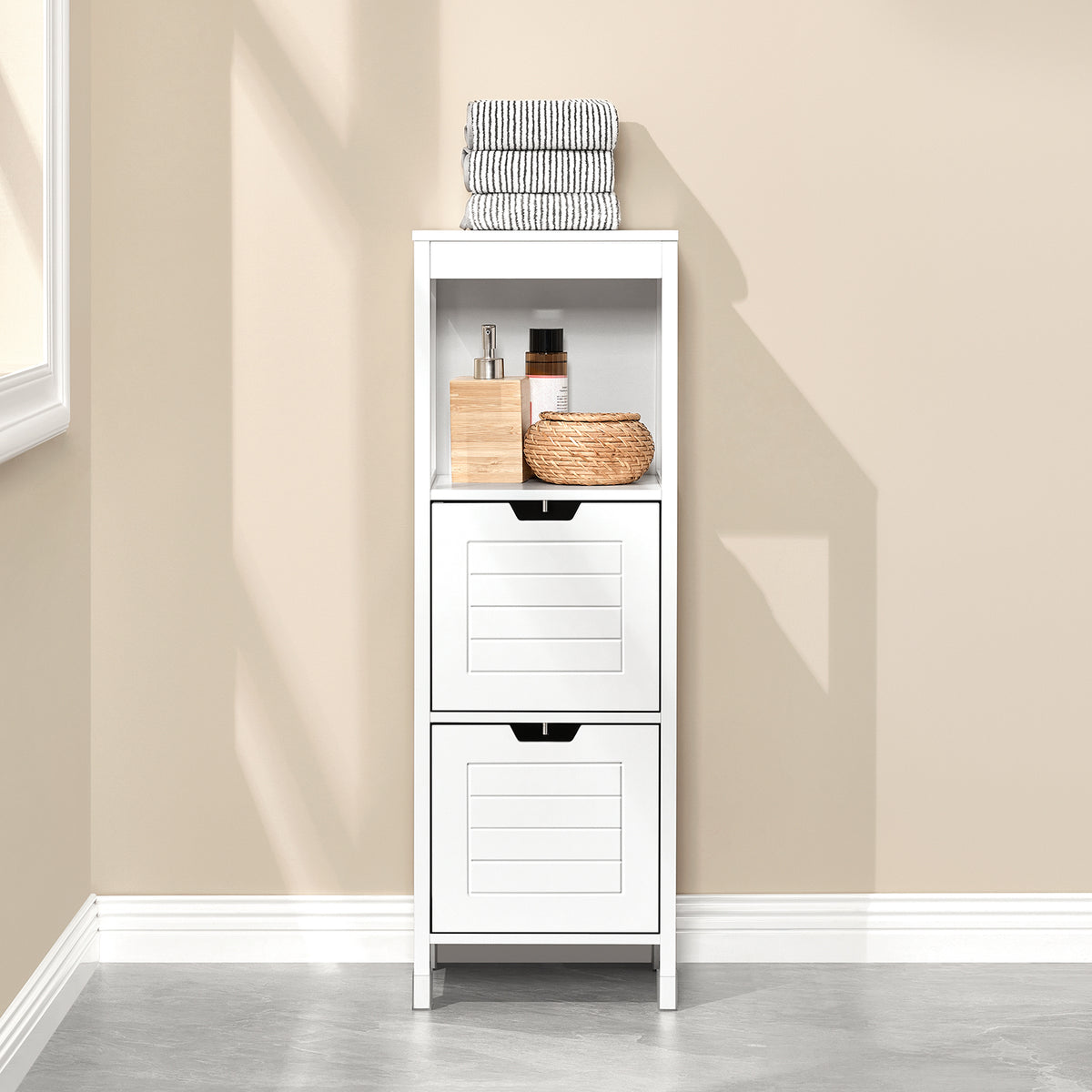 SoBuy FRG127-W Comodă de baie - Dulap mic de depozitare cu 2 coșuri - Coloană compactă pentru toaletă din lemn, dulap de baie modern, alb, 30x89x30 cm