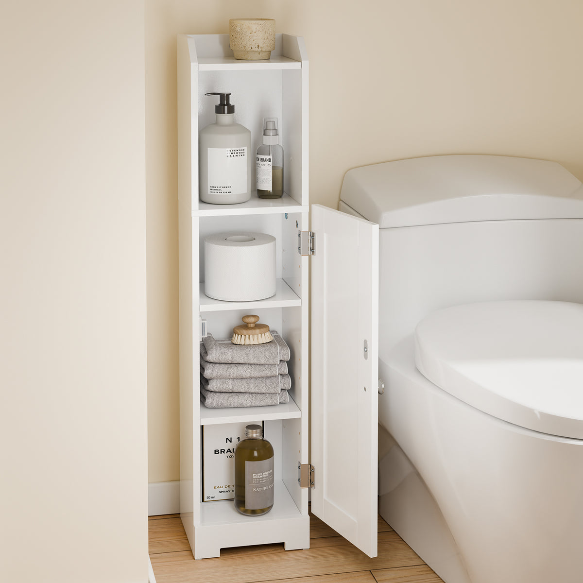 SoBuy FRG177-II-W Mobilier baie, 20 cm lățime, pe picior, cu suport hârtie și ușă - Dulap mic WC, depozitare salvaspațiu, alb