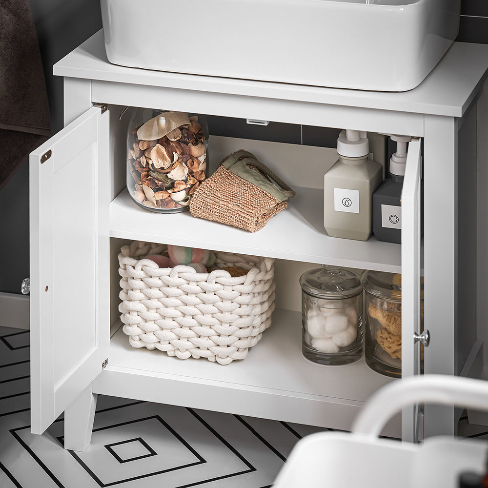 SoBuy FRG202-W Meuble sous lavabo Salle de Bain Meuble de Salle de Bain avec 2 Portes, Grand Espace de Rangement & découpe Siphon sous Vasque MDF, Blanc 60x62x30cm