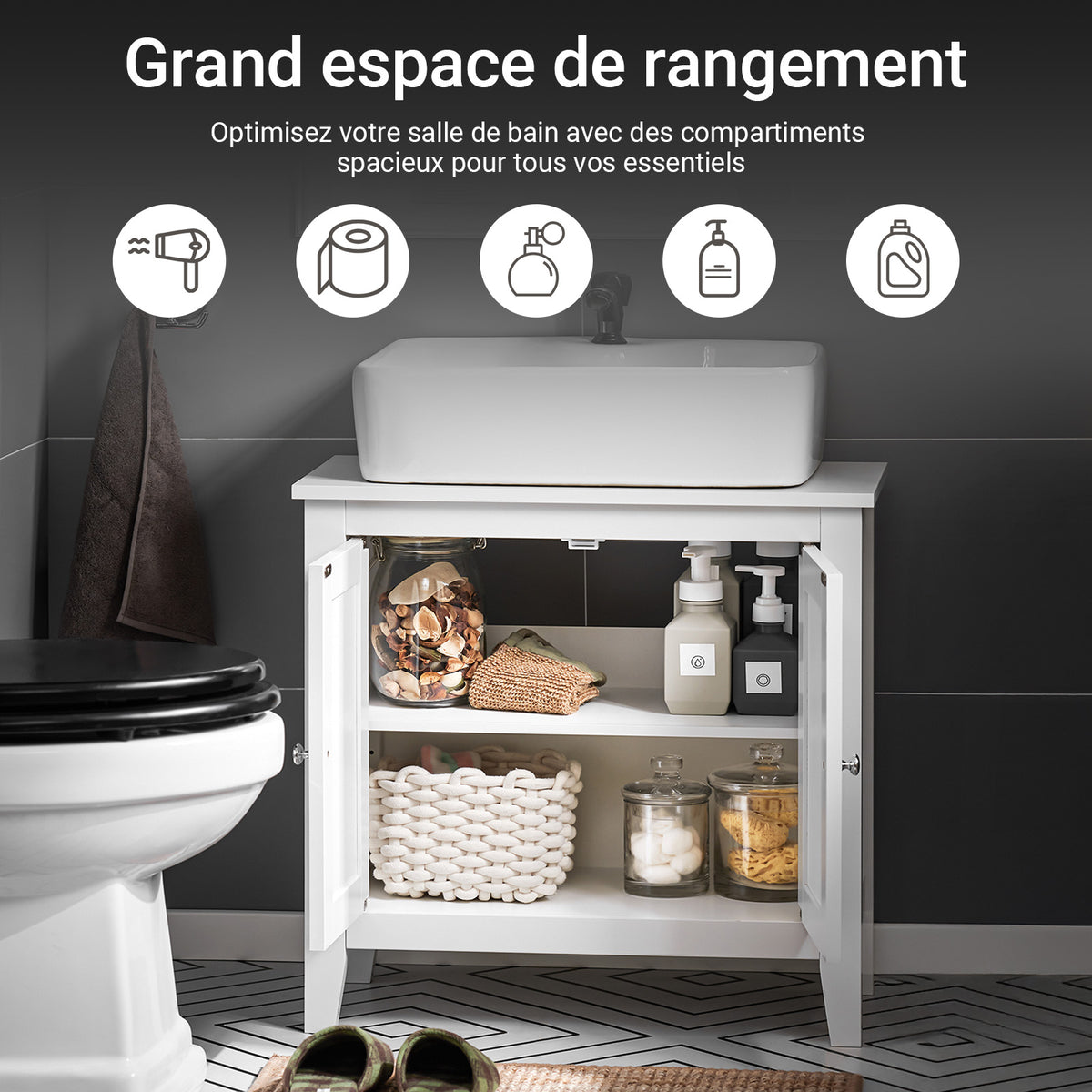 SoBuy FRG202-W Meuble sous lavabo Salle de Bain Meuble de Salle de Bain avec 2 Portes, Grand Espace de Rangement & découpe Siphon sous Vasque MDF, Blanc 60x62x30cm