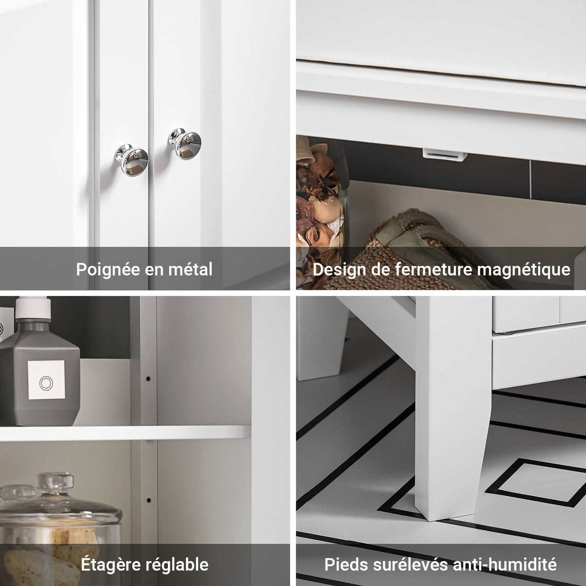 SoBuy FRG202-W Meuble sous lavabo Salle de Bain Meuble de Salle de Bain avec 2 Portes, Grand Espace de Rangement & découpe Siphon sous Vasque MDF, Blanc 60x62x30cm