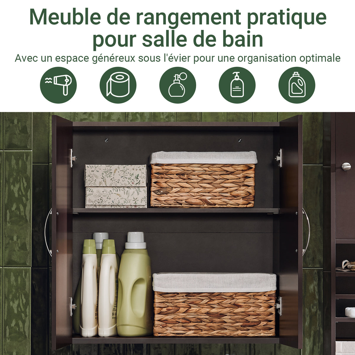 SoBuy FRG231-BR Dulap de Perete Suspendat pentru Baie cu Raft Reglabil și Ușă, Dulap de Perete Compact pentru Baie, Toaletă sau Bucătărie, Maro 60x30x60 cm