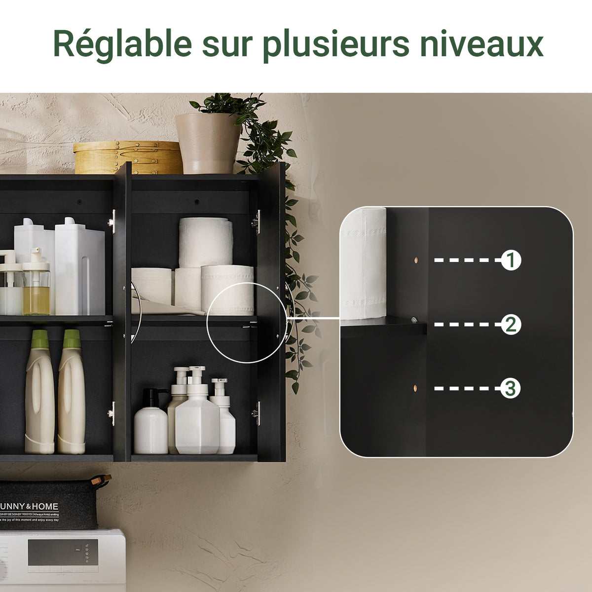 SoBuy FRG231-L-SCH Meuble Haut Suspendu Noir 90 cm avec 3 Portes et Étagère Réglable – MDF E1, Charge 36 kg, Sangle Anti-Basculement