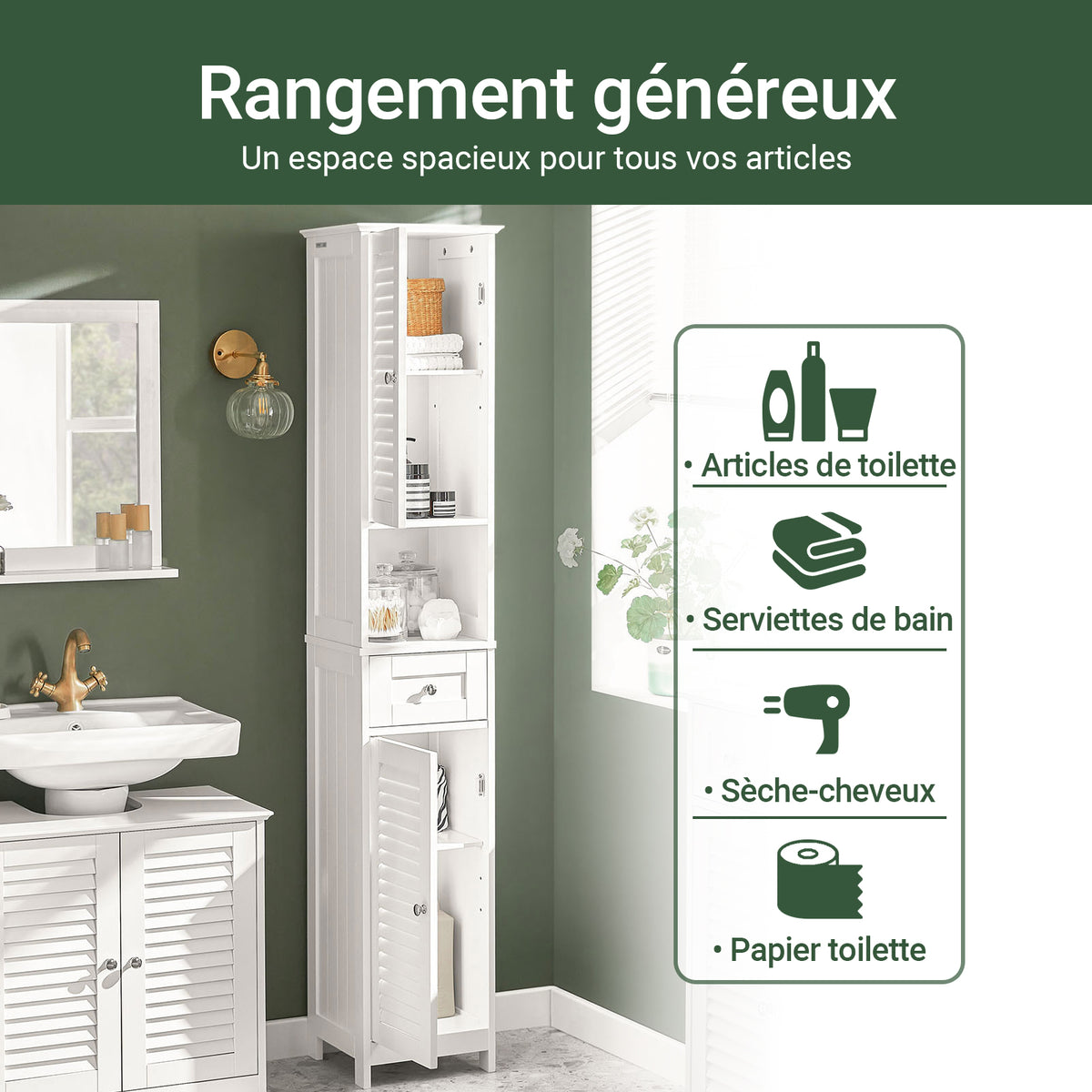 SoBuy FRG236-W Dulap Coloană Baie, Șifonier Înalt de Depozitare cu 2 Uși, 1 Sertar și Nișă Deschisă, Mobilier de Depozitare pentru Baie, WC, SDB, Toaletă sau Bucătărie 32x170x30cm