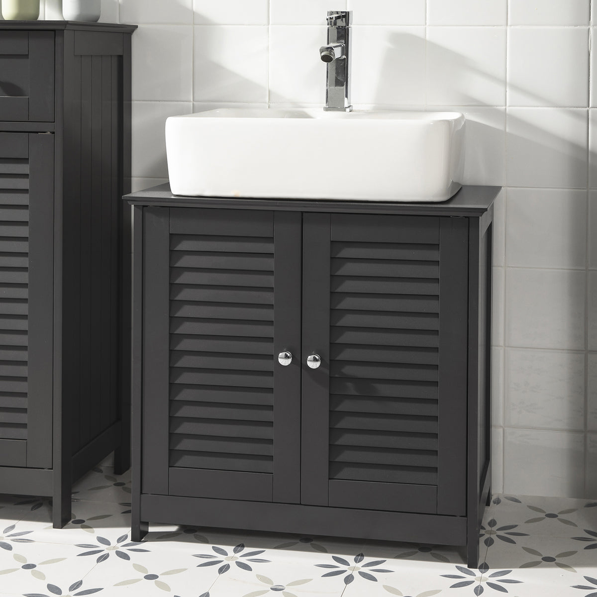 SoBuy FRG237-DG Dulap sub chiuvetă, Dulap sub lavoar cu rafturi reglabile, Dulap de baie cu uși rezistente la umiditate, Dulap de depozitare pentru baie din MDF, 60 x 35 x 58 cm, Gri