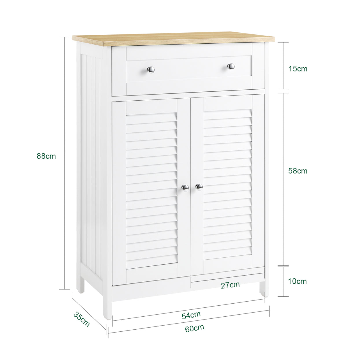 SoBuy FRG238-WN Meuble Bas Salle de Bain avec Étagère Réglable, 1 Tiroir et 2 Portes, pour Salle de Bain et WC, Compact – L60×P35×H87 cm, Blanc et Naturel