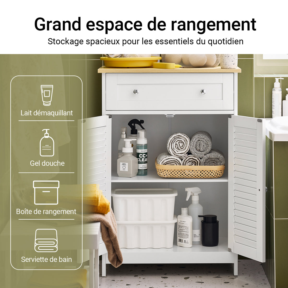SoBuy FRG238-WN Meuble Bas Salle de Bain avec Étagère Réglable, 1 Tiroir et 2 Portes, pour Salle de Bain et WC, Compact – L60×P35×H87 cm, Blanc et Naturel