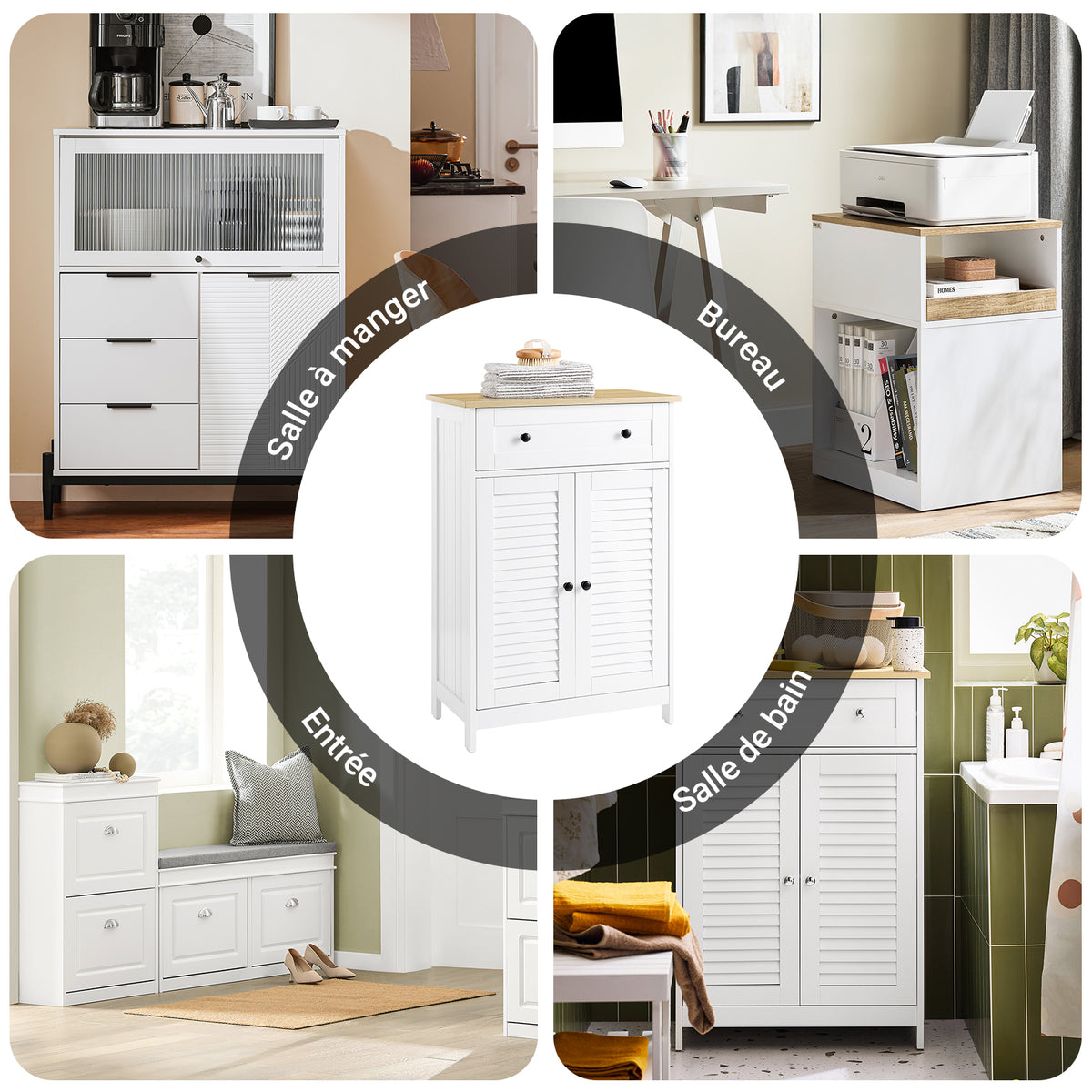 SoBuy FRG238-WN Meuble Bas Salle de Bain avec Étagère Réglable, 1 Tiroir et 2 Portes, pour Salle de Bain et WC, Compact – L60×P35×H87 cm, Blanc et Naturel