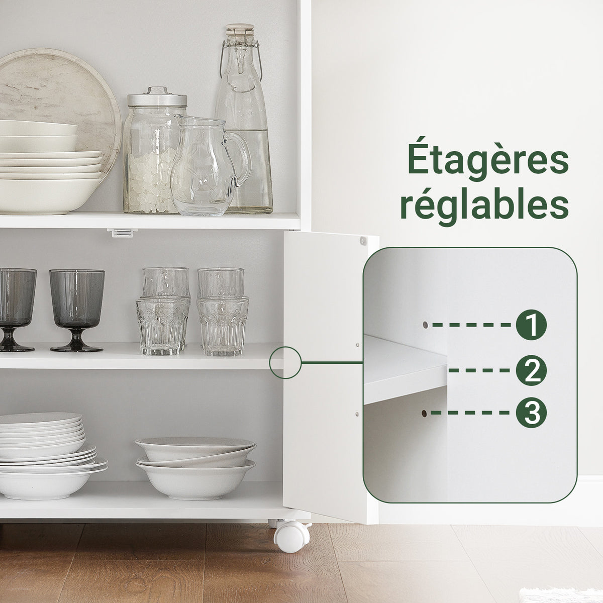 SoBuy FRG241-W Dulap de bucătărie pe roți – Cărucior de servire bucătărie cu uși și raft reglabil – Dulap de depozitare compact pentru cuptorul cu microunde, birou sau sufragerie, 55x38x84 cm, Alb