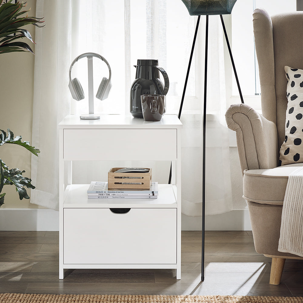 SoBuy FRG258-II-W Noptieră cu 2 Sertare și Raft, Noptieră pentru Dormitor - Mobilier de Depozitare Modern L45 x l38 x H55 cm Alb