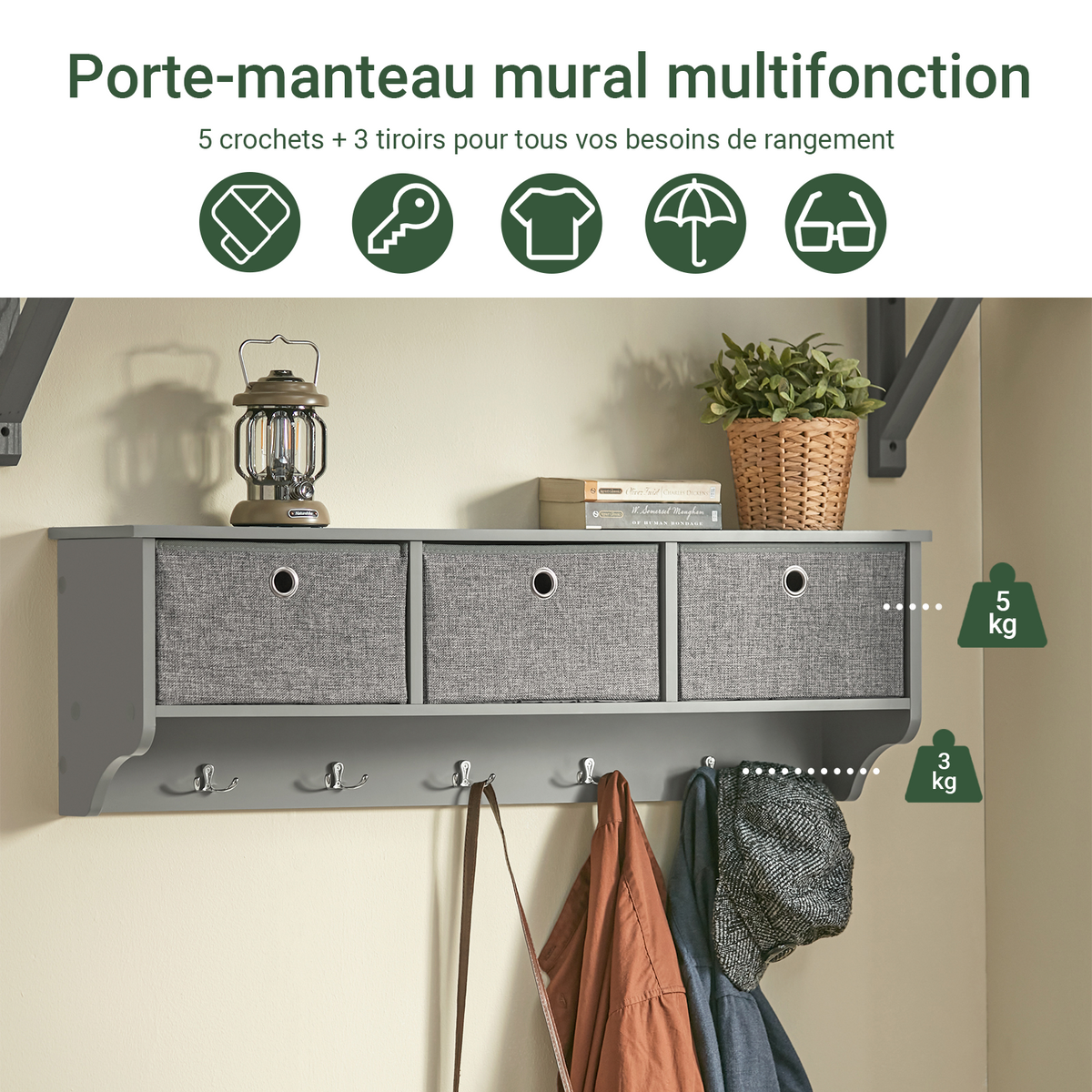 SoBuy FRG282-HG Cuier de Perete cu 5 Cârlige și 3 Coșuri - Cuier de Perete din Lemn, Mobilier Hol cu Etajeră - Dulap Suspendat pentru Dormitor, Living, Baie - Gri 100x20x30cm
