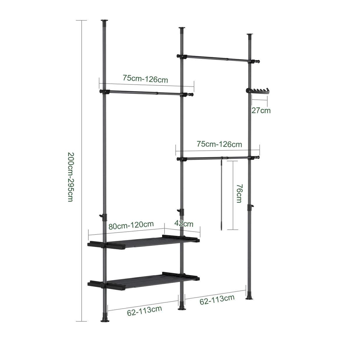SoBuy FRG34-II-SCH Suport de haine telescopic robust – Dressing deschis reglabil cu bare și rafturi, Cuier pentru dormitor sau dressing, Negru