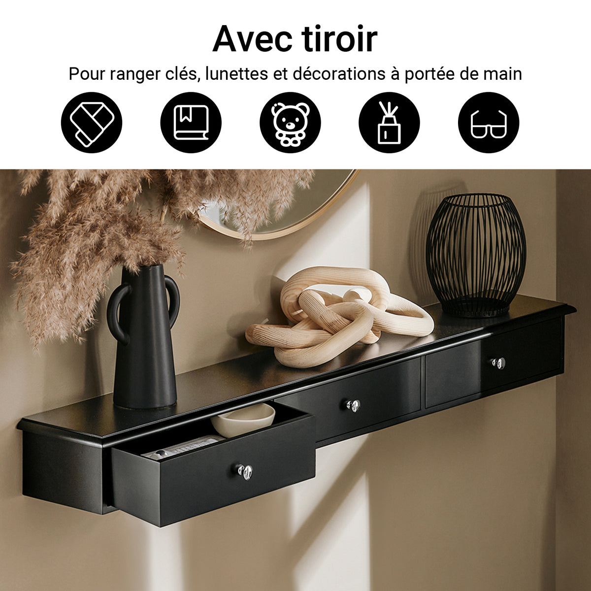 SoBuy FRG43-L-SCH Poliță de Perete cu 3 Sertare - Poliță Plutitoare Modernă pentru Hol, Living, Bucătărie & Dormitor - Negru 94x15x10cm