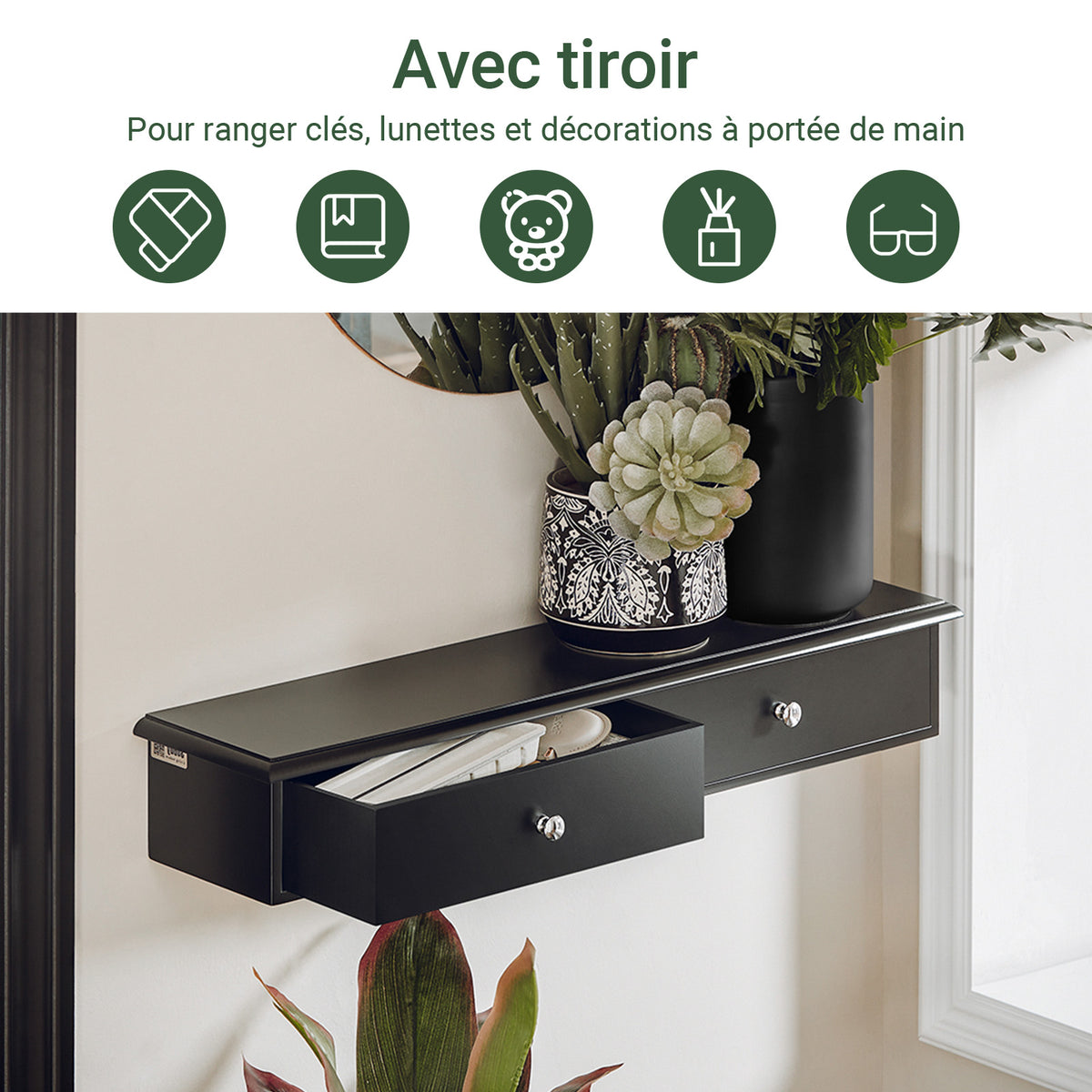 SoBuy FRG43-SCH Etajeră de perete cu 2 sertare - Etajeră plutitoare modernă pentru hol, living, bucătărie și dormitor - Negru 64x15x10cm