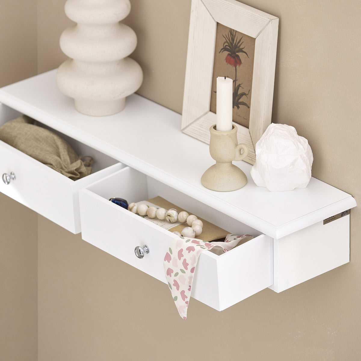 SoBuy FRG43-W Etagere Murale avec 2 Tiroirs - Étagère Flottante Moderne pour Entrée, Salon, Cuisine & Chambre - Blanc 64x15x10cm