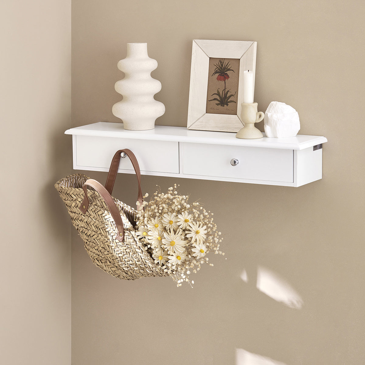 SoBuy FRG43-W Etagere Murale avec 2 Tiroirs - Étagère Flottante Moderne pour Entrée, Salon, Cuisine & Chambre - Blanc 64x15x10cm